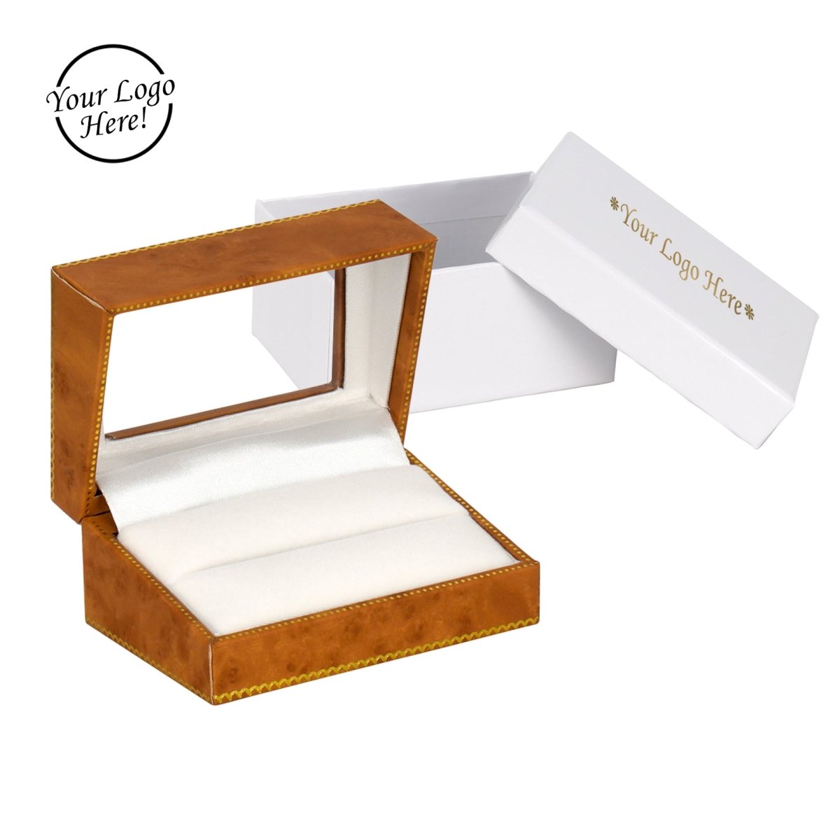 Window Leatherette Double Ring Box - Prestige and Fancy - Woodgrain