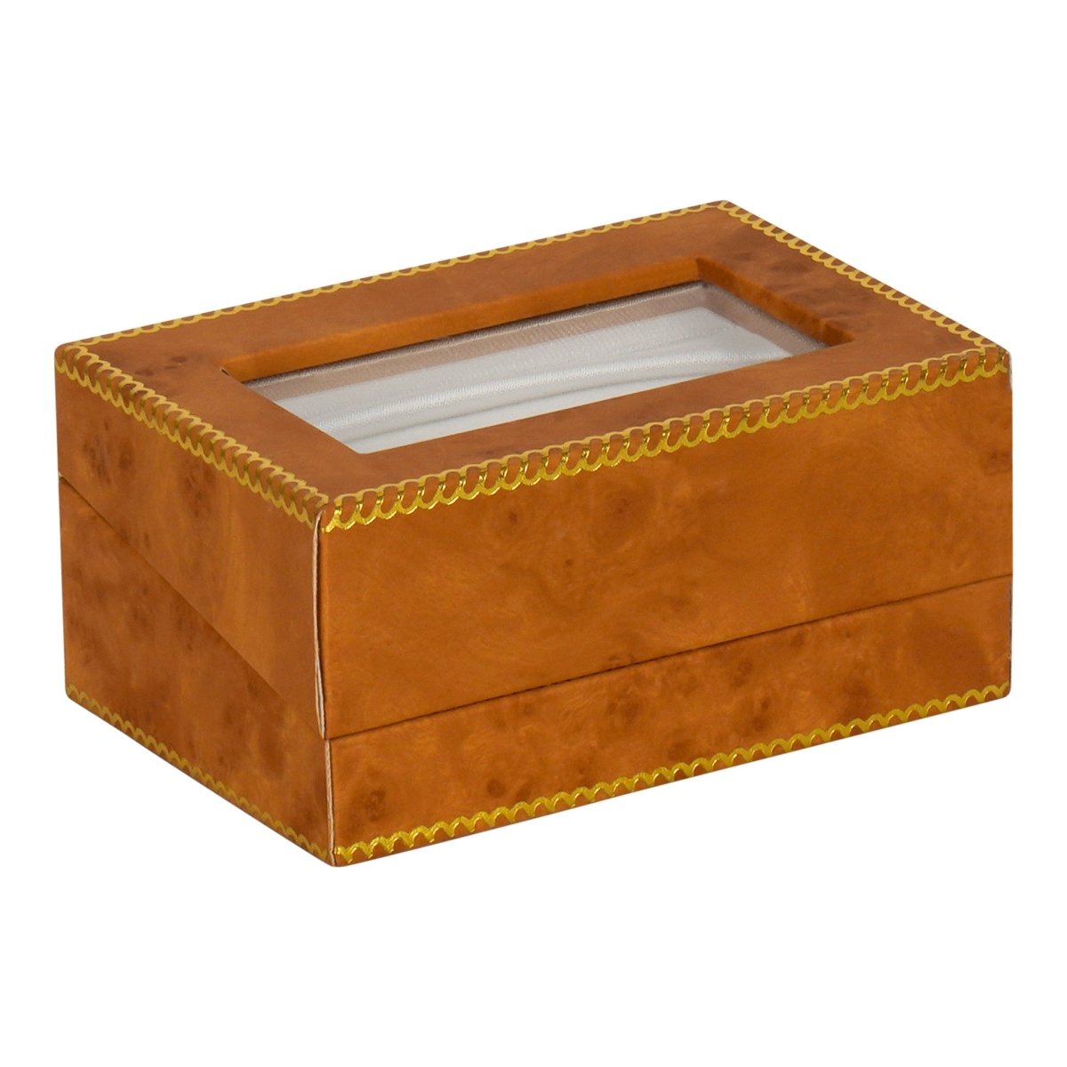 Window Leatherette Double Ring Box - Prestige and Fancy - Woodgrain